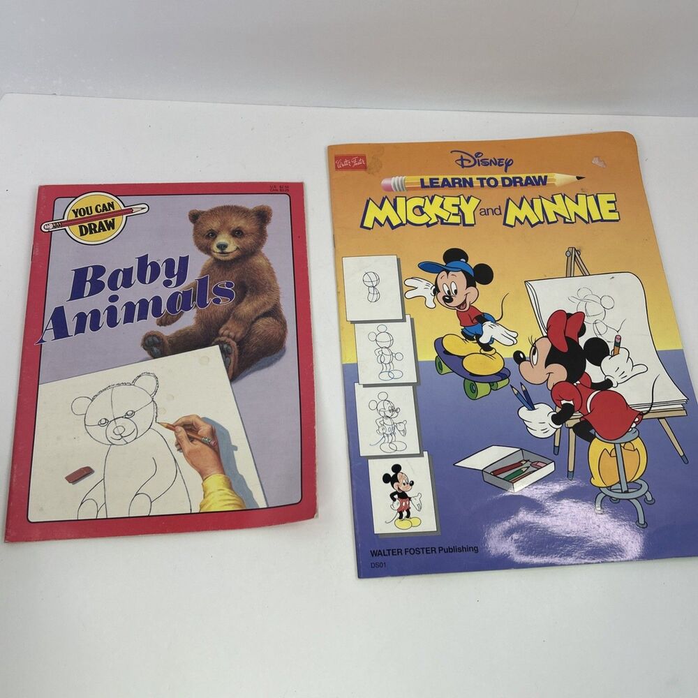 Vintage Learn To Draw Book Lot Mickey Mouse & Baby Animals 1980s 1990s